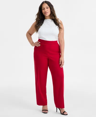 Ak Anne Klein Plus Size Pull-on Mid-rise Straight-leg Pants In Red
