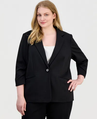 Ak Anne Klein Plus Size Scrunch 3/4-sleeve Blazer In Black