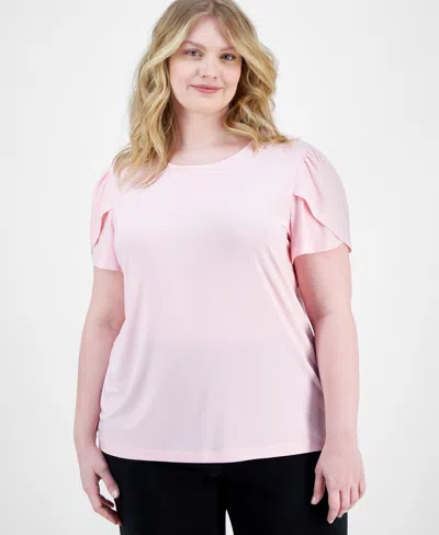 Ak Anne Klein Plus Size Solid Tulip-sleeve Crewneck Top In Pink