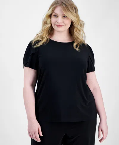 Ak Anne Klein Plus Size Solid Tulip-sleeve Crewneck Top In Anne Black