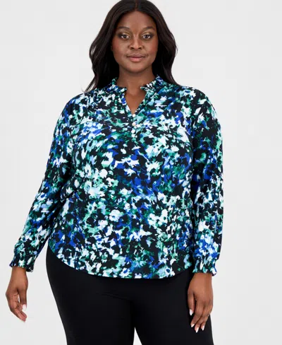 Ak Anne Klein Plus Size Split-neck Abstract-print Top In Multi