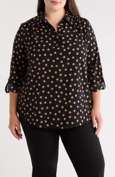 Ak Anne Klein Polka Dot Roll Tab Sleeve Top In Black