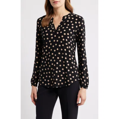 Ak Anne Klein Polka Dot Split Neck Top In Black