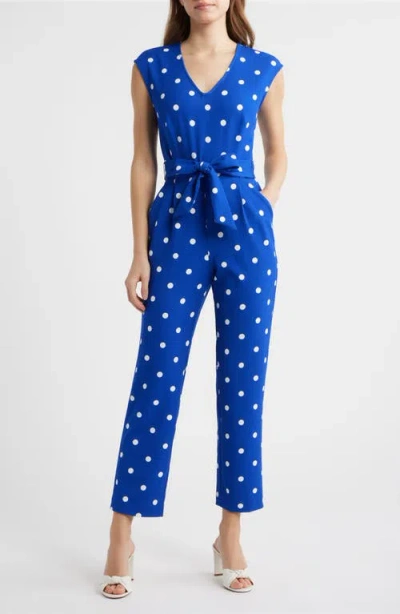 Ak Anne Klein Polka Dot Straight Leg Jumpsuit In Blue