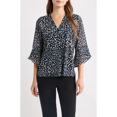 Ak Anne Klein Print Mixed Media Split Neck Top In Black