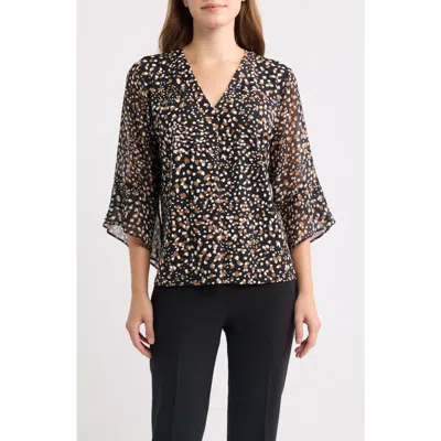 Ak Anne Klein Print Mixed Media Split Neck Top In Black