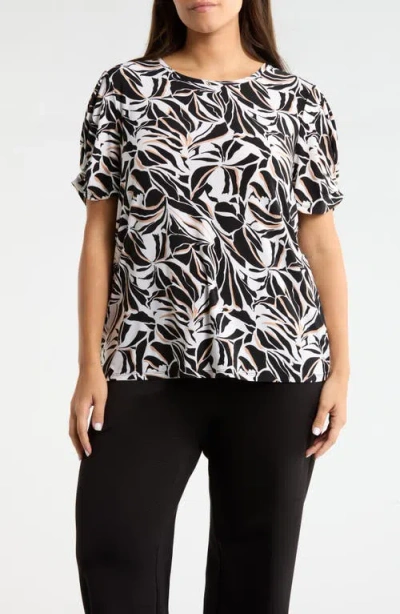 Ak Anne Klein Print Pleat Short Sleeve Top In Black