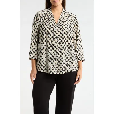 Ak Anne Klein Print Pleat Three-quarter Sleeve Top In Black