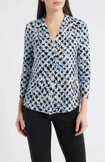 Ak Anne Klein Print Pleat Three-quarter Sleeve Top In Blue