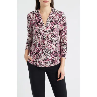Ak Anne Klein Print Pleat Three-quarter Sleeve Top In Purple