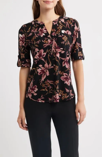 Ak Anne Klein Print Roll Tab Shirt In Multi