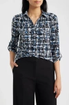 Ak Anne Klein Print Roll-tabbed Button Front Shirt In Multi