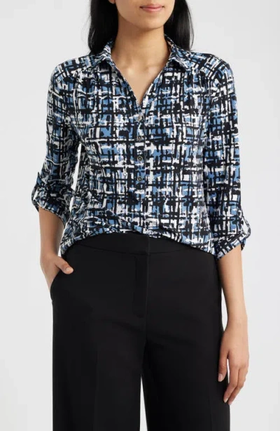 Ak Anne Klein Print Roll-tabbed Button Front Shirt In Multi