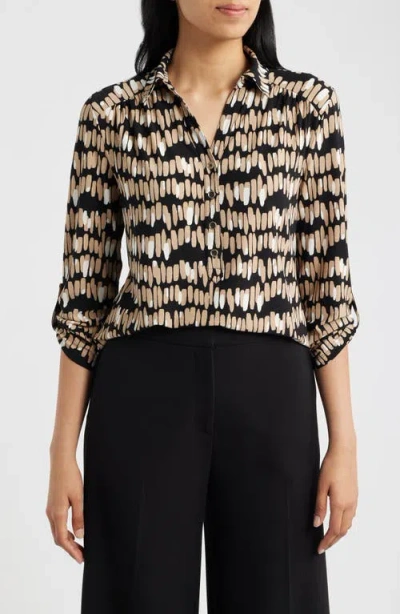 Ak Anne Klein Print Three-quarter Sleeve Button-down Shirt In Brown