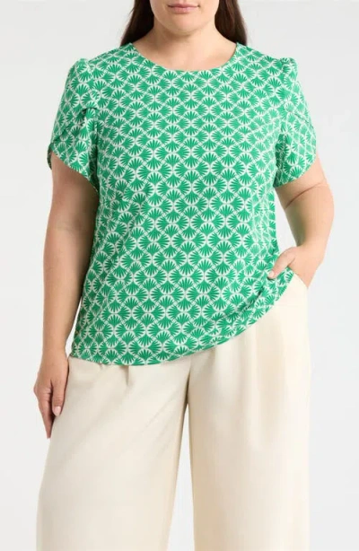 Ak Anne Klein Print Tulip Sleeve Knit Top In Green