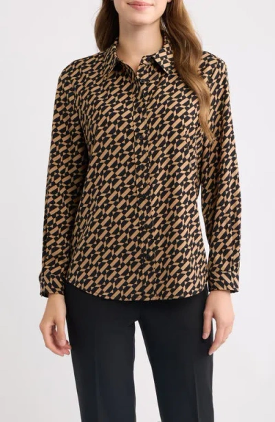 Ak Anne Klein Printed Clean Front Shirt In Brown