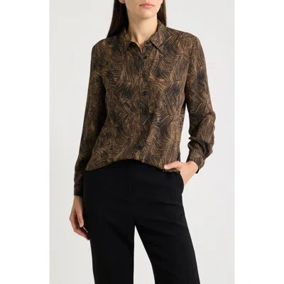 Ak Anne Klein Printed Long Sleeve Utility Shirt In Brown