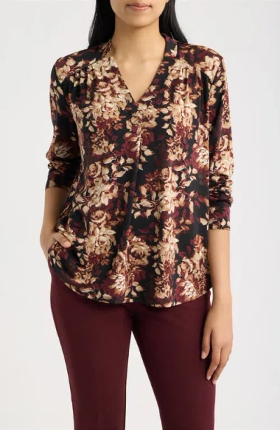 Ak Anne Klein Printed Notched V-neck Long Sleeve Top In Brown
