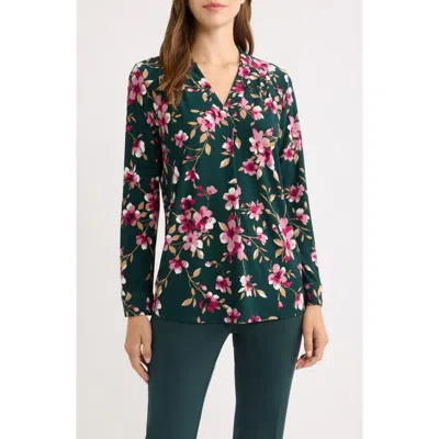 Ak Anne Klein Printed Notched V-neck Long Sleeve Top In Green