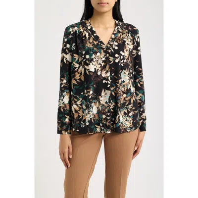 Ak Anne Klein Printed Notched V-neck Long Sleeve Top In Multi