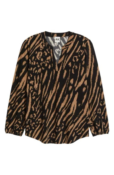 Ak Anne Klein Printed Split Neck Top In Multi