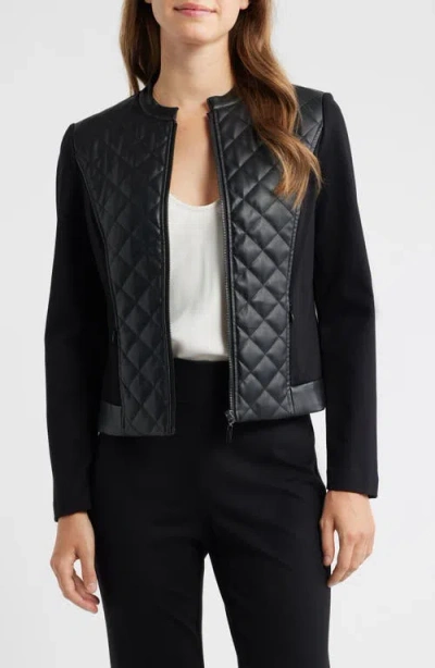 Ak Anne Klein Quilted Mixed Media Jacket In Black