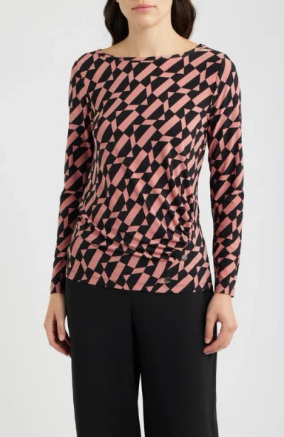 Ak Anne Klein Ruched Rivet Print Top In Black