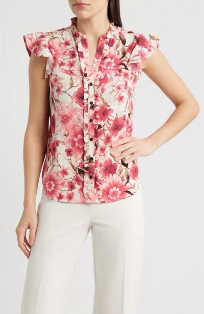 Ak Anne Klein Ruffle Accent Short Sleeve Button-up Shirt In Pink