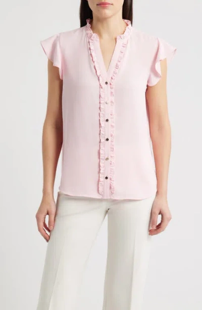 Ak Anne Klein Ruffle Accent Short Sleeve Button-up Shirt In Pink