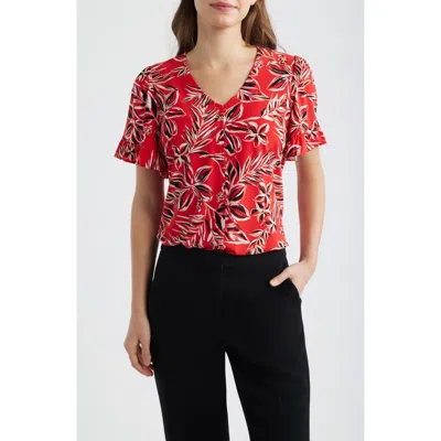 Ak Anne Klein Ruffle Accent Short Sleeve Button-up Shirt In Multi