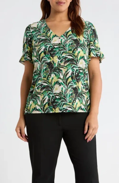 Ak Anne Klein Ruffle Accent Short Sleeve Button-up Shirt In Multi