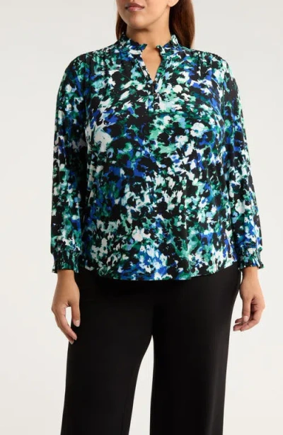 Ak Anne Klein Ruffle Neck Smocked Cuff Top In Multi