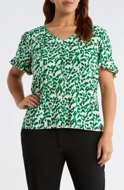 Ak Anne Klein Ruffle V-neck Top In Green