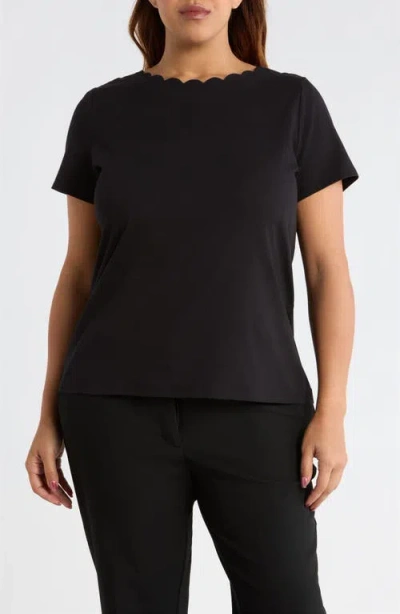 Ak Anne Klein Scallop Jewel Neck Stretch Cotton T-shirt In Black