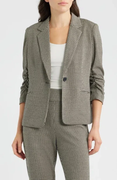 Ak Anne Klein Scrunch Sleeve Houndstooth Blazer In Gray