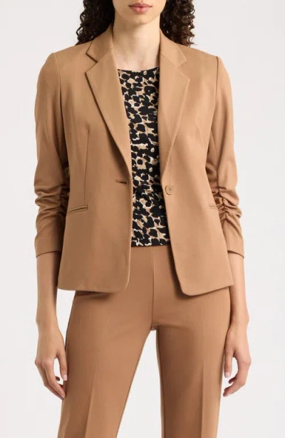 Ak Anne Klein Scrunch Sleeve One-button Jacket In Vicuna