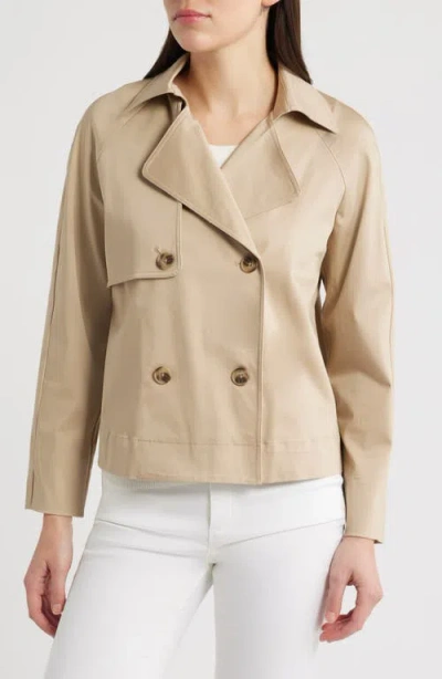 Ak Anne Klein Short Double Breasted Cotton Blend Trench Coat In Neutral