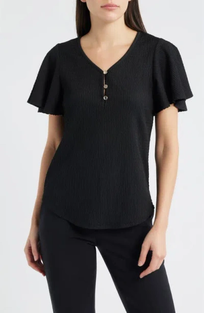 Ak Anne Klein Short Flutter Sleeve Top In Black