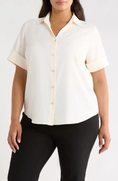 Ak Anne Klein Short Sleeve Button-up Shirt In White
