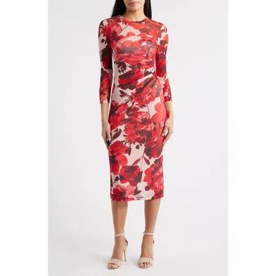 Ak Anne Klein Side Ruched Long Sleeve Midi Dress In Multi