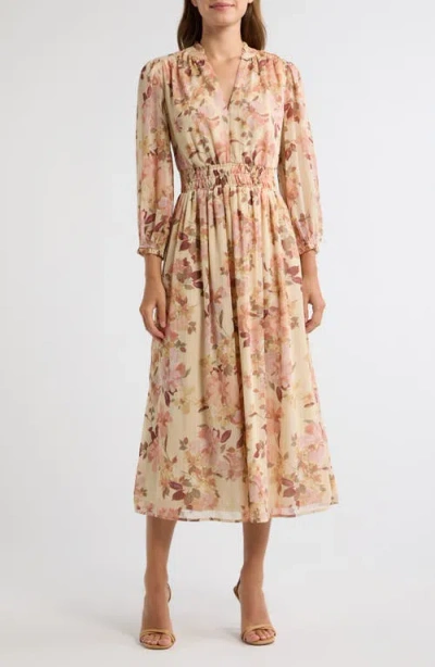 Ak Anne Klein Smocked Waist Ruffle Trim Midi Dress In Brown