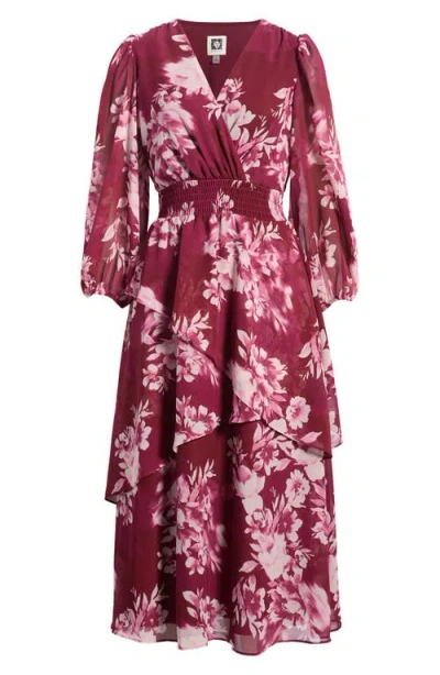 Ak Anne Klein Tiered Ruffle Midi Dress In New Burgandy Multi