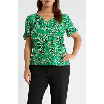 Ak Anne Klein Tropical Floral V-neck Button-up Knit Top In Green
