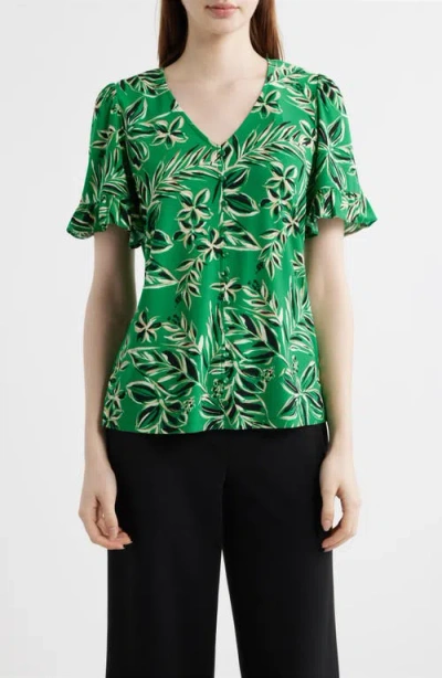Ak Anne Klein Tropical Floral V-neck Button-up Knit Top In Green