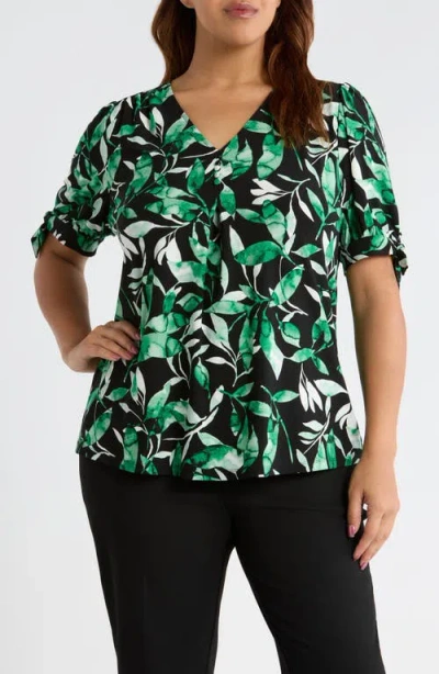 Ak Anne Klein Tropical Print V-neck Tie Cuff Knit Top In Green