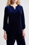 Ak Anne Klein Velvet Split Neck Top In Blue