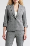 Ak Anne Klein Windowpane Plaid Roll-tab Sleeve Jacket In Gray