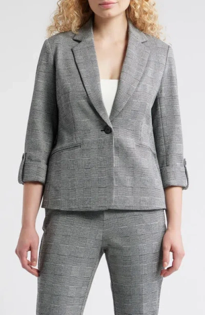 Ak Anne Klein Windowpane Plaid Roll-tab Sleeve Jacket In Gray