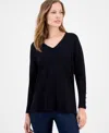 Ak Anne Klein Women's Button-cuff V-neck Top In Black