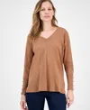 Ak Anne Klein Women's Button-cuff V-neck Top In Brown